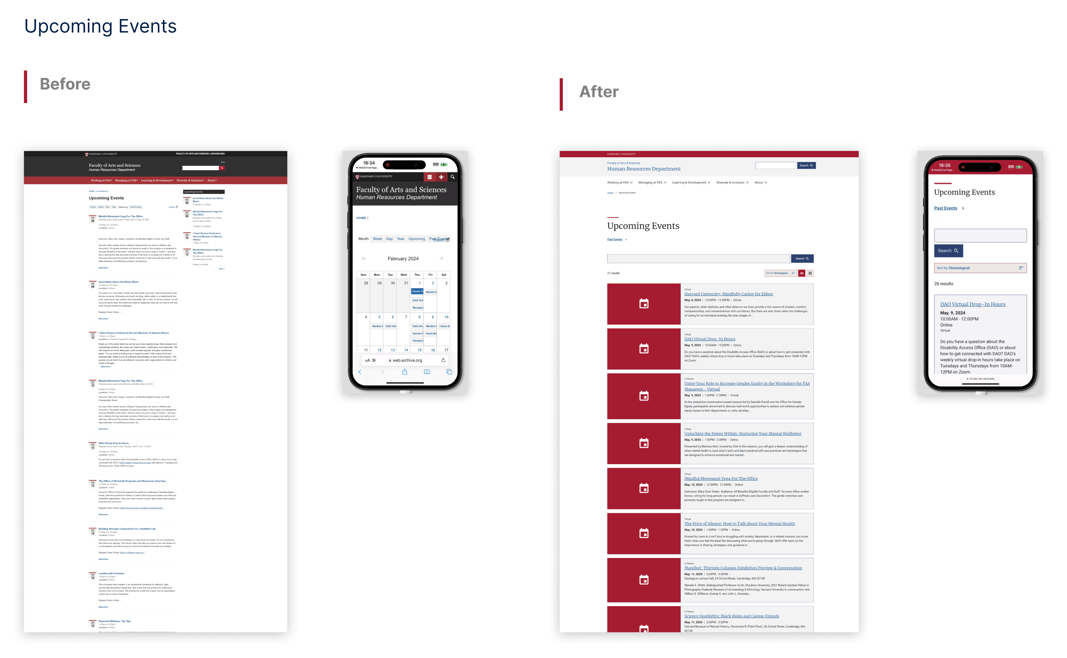 Images of the FAS Human Resources Department events page before and after migrating to HarvardSites.