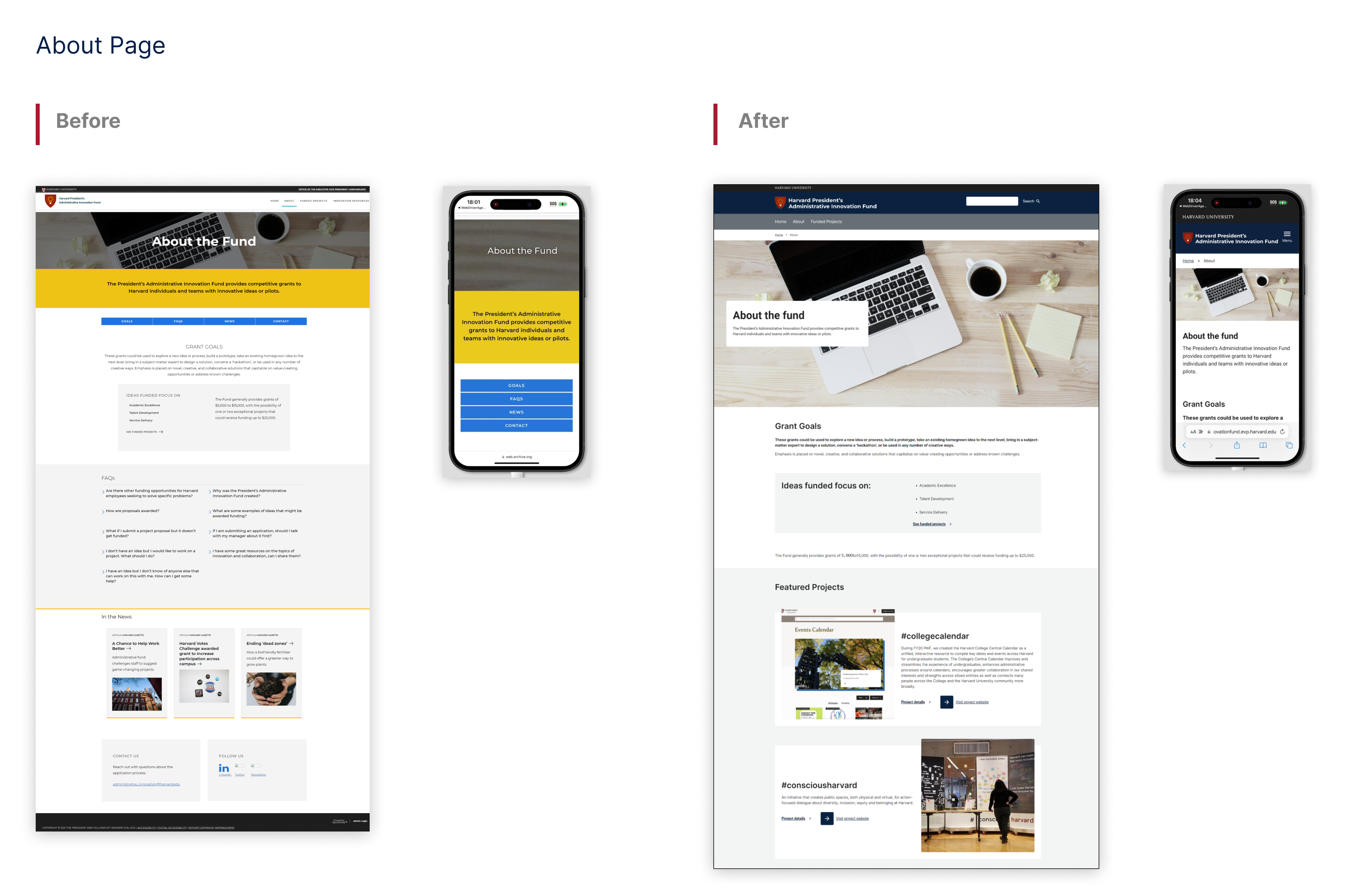 Images of the Presidents Administrative Innovation Fund about page before and after migrating to HarvardSites.