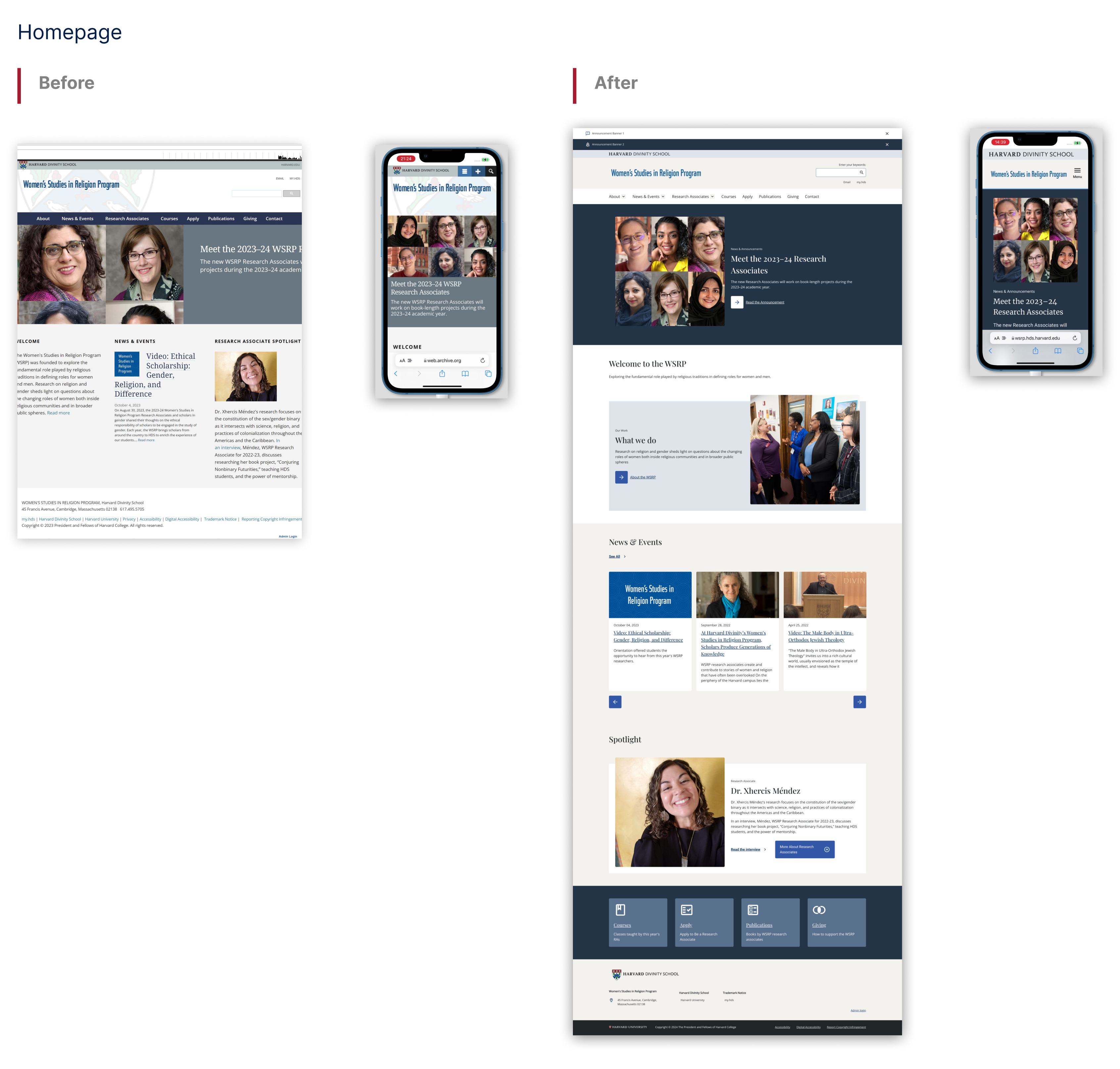 Images of the Women Studies in Religion homepage before and after migrating to HarvardSites.
