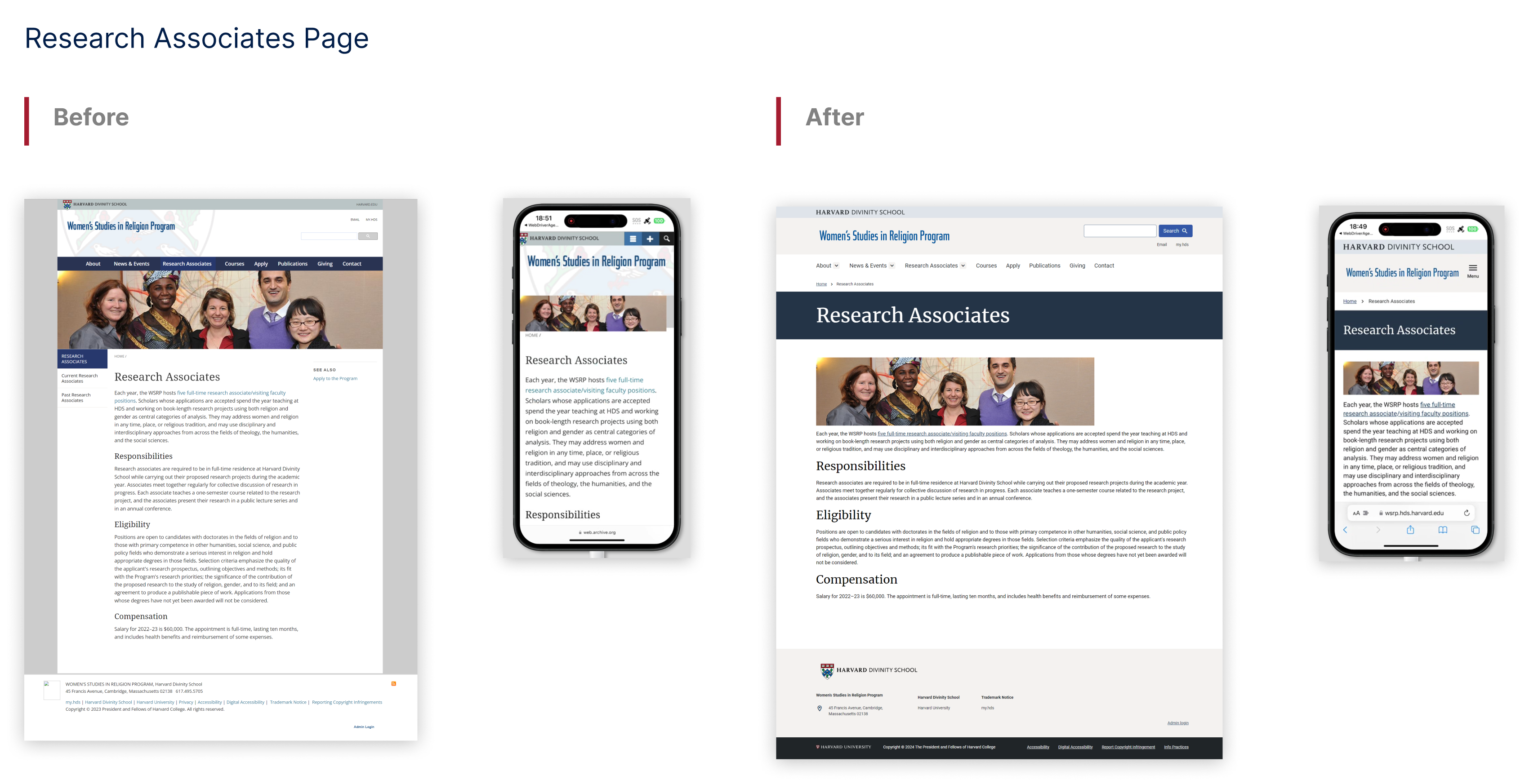 Images of the Women Studies in Religion Research Associates Page before and after migrating to HarvardSites.