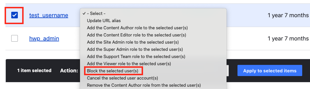 Username selected in list and showing full menu of options including Block the selected user.