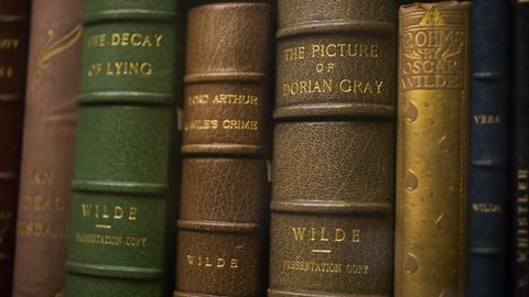 Close-up of books on a bookshelf.
