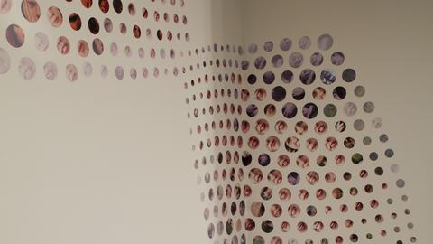 Wall with patterned blocks composed of grids of different sized circular close-ups of faces.