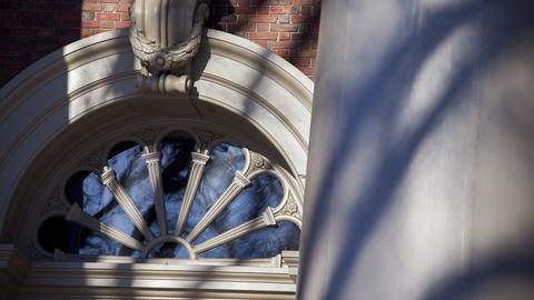 Tree shadows over an arched transom window and column.