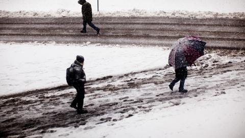 People walking in snowy weather, one with an umbrella, on a slushy path.