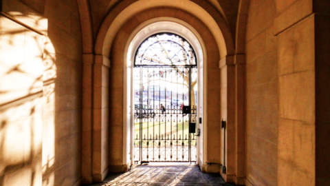 A Harvard gateway during sunset