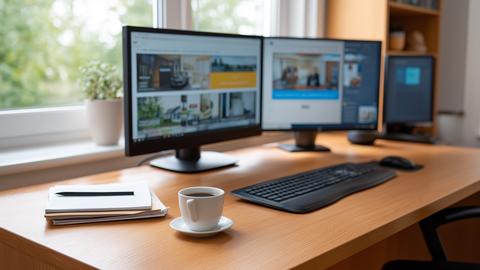 a desk with multiple computer monitors