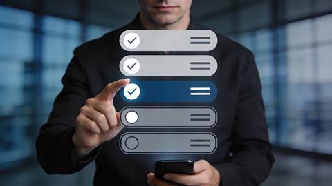 a person tapping on a virtual menu in front of them