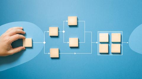 a hand moving blocks forming a workflow