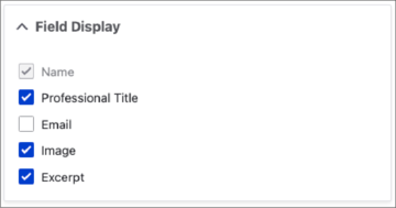 Screenshot of Field Display section with checkboxes to choose fields. Name is disabled, Email is not selected, and Professional Title, Image, and Excerpt are selected. 