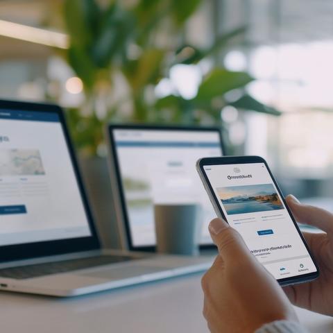 a person holding a smartphone and laptop
