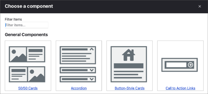 Screenshot of portion of Choose a component dialog with filter items field and four component cards