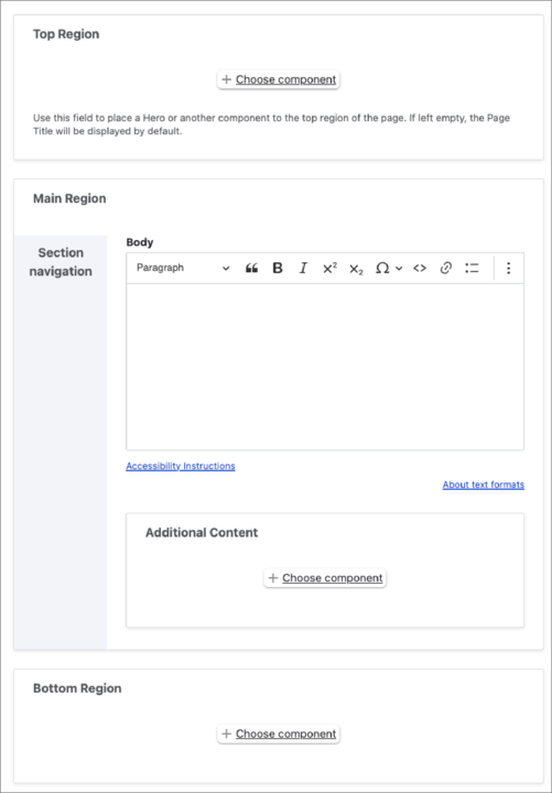 Screenshot of page editing tools showing the Top Region, Main Region, and Bottom Regions for adding content and components.