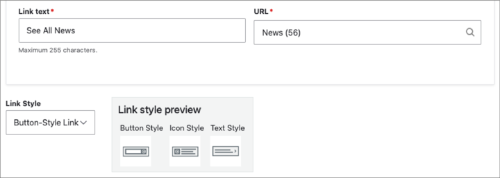 Screenshot of CTA link settings showing link text and URL inputs and link style options menu and previews