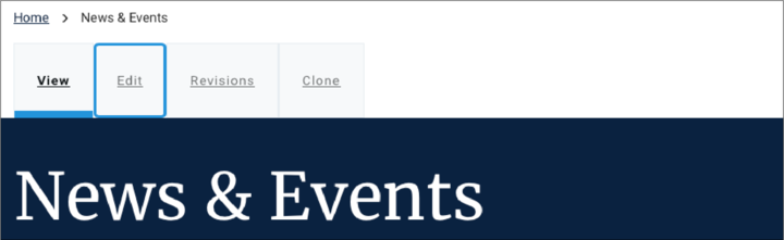 Screenshot of News & Events page showing breadcrumbs, tabs with the Edit tab focused, and page heading