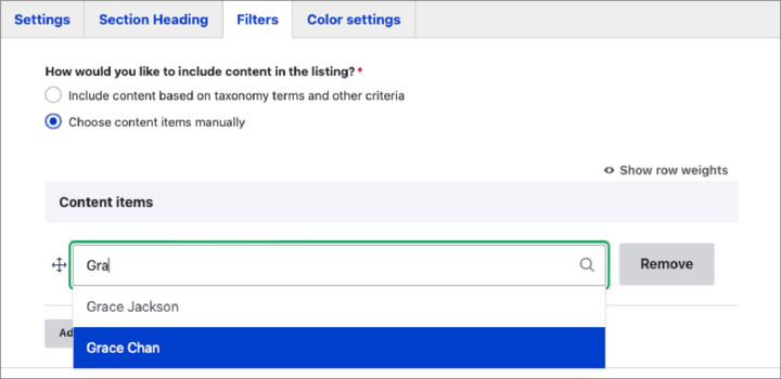 Screenshot of Filters section with radio button to choose content items manually selected and Content items section autocomplete input outlined and the person Grace Chan selected.