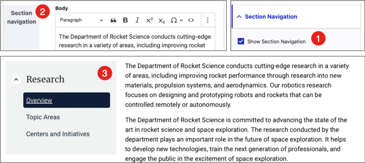 Three screenshots in a grid, starting with the page edit view showing the navigation sidebar preview, then the section navigation section with the Show Section Navigation checkbox checked, and then the page showing the section navigation on the left and the page content on the right.