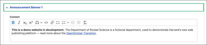 Screenshot of Announcement Banner section expanded showing the Content field and formatting toolbar.