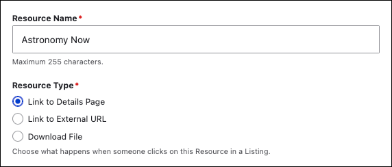 Screenshot of portion of the Resource edit screen showing the resource name field and the resource type radio buttons, with the Link to Details Page radio button selected.