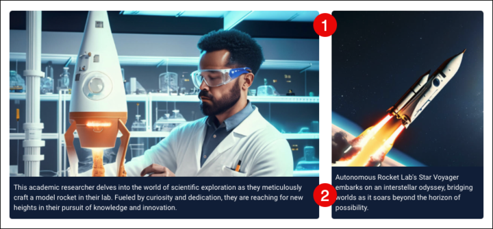 Screenshot of Images component with a large image on the left and smaller image on the right, with callout numbers marking the images and captions.