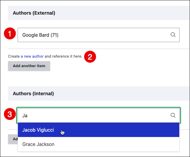Screenshot of portion of the News edit screen showing the external and internal authors autocomplete fields, with the Authors (Internal) field menu expanded.