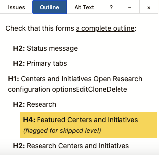 Screenshot of Outline section of control panel showing the heading structure and highlighting a skipped heading.