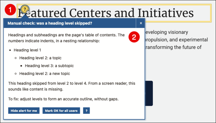 Screenshot of tooltip panel with the heading, Manual check: was a heading level skipped? and an explanation of heading structure and guidance to adjust levels to remove gaps.