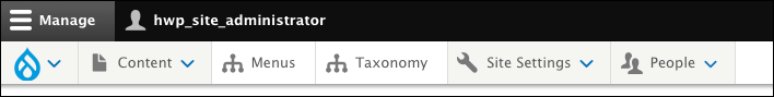 Screenshot of admin toolbar for the site administrator role.