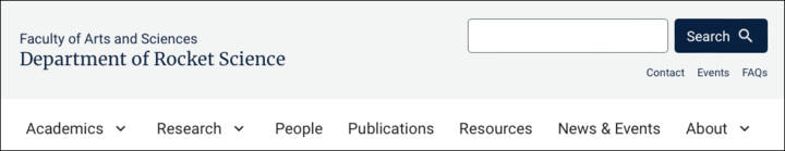 Screenshot of site header with the site name, search feature, and utility navigation in the top section and the site navigation menu below.