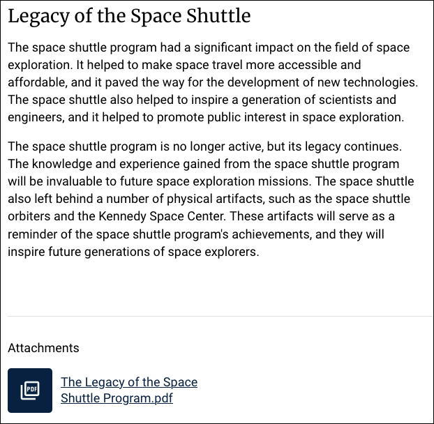 Screenshot of Article page with a heading and text, and an Attachments section with a PDF icon followed by a link to the file attachment.
