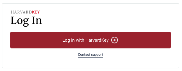 Screenshot of HarvardKey Log In section showing the Log in with HarvardKey button.
