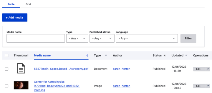 Screenshot of Media Library showing Table and Grid views, Add Media button, filter options, and media item list.