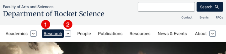 Annotated screenshot of site header showing the main navigation menu with the Research menu item marked (1) followed by the arrow icon submenu control marked (2).