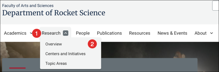 Annotated screenshot of main navigation menu with the Research menu item marked (1) and the expanded submenu marked (2) with links to Overview, Centers and Initiatives, and Topic Areas.