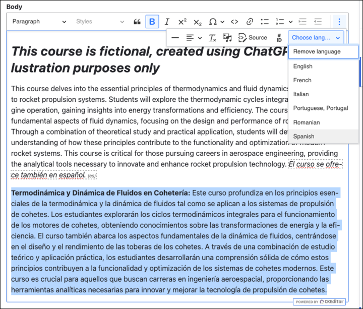 Screenshot of Body input with selected Spanish text and the Choose Language menu expanded and the Spanish item selected.