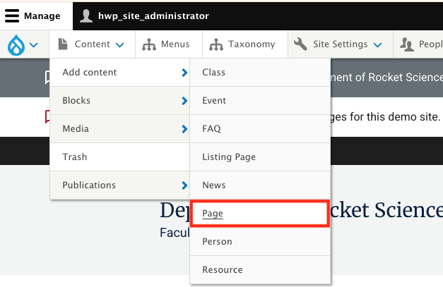 Screenshot of platform menu showing Content menu and Add content submenu expanded and Page menu item outlined.