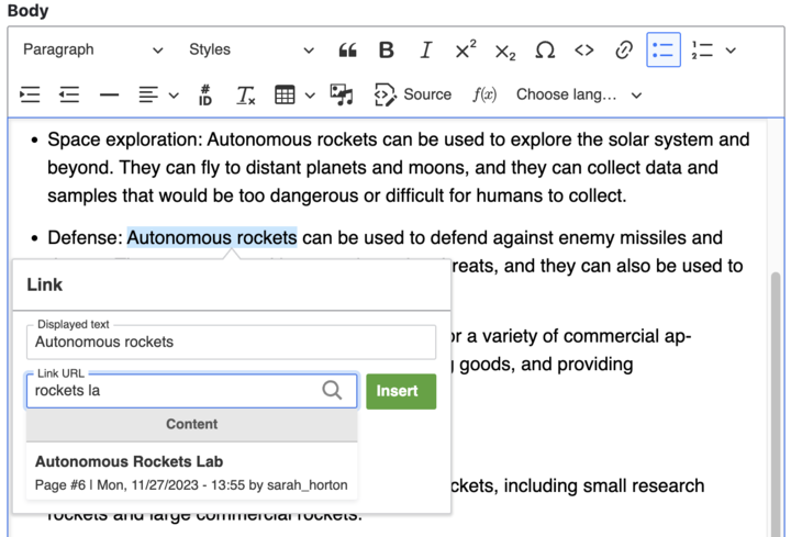 screenshot of adding a link to text and looking up the linked item