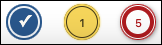 Combined screenshot of checker control icons, showing a checkmark, yellow circle icon containing the numeral 1, and red circle icon containing the numeral 5.
