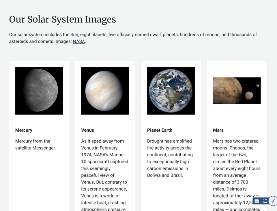 A screenshot of a media gallery displaying planets, with headings and captions.