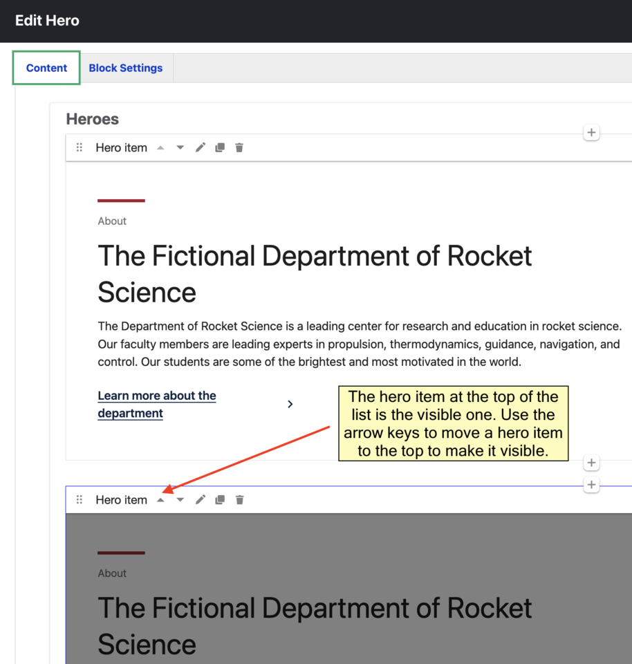 screenshot displaying a hero component with instructions on how to move it