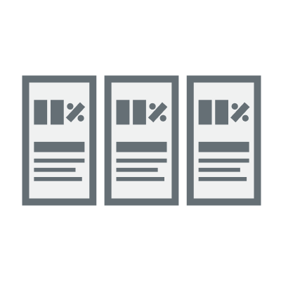 Icon showing three consecutive cards, each with icons representing data on top followed by lines representing text.