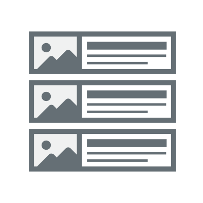 Icon showing a list of three elements, each with outlines representing an image on the left and lines representing text on the right.