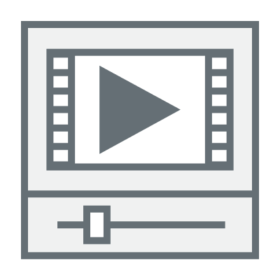 Icon of a video player showing a filmstrip and play button and a playback slider.